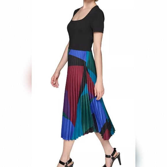 KARL LAGERFELD PARIS Women's Mixed-Media Printed Pleated Dress - Picture 3 of 3